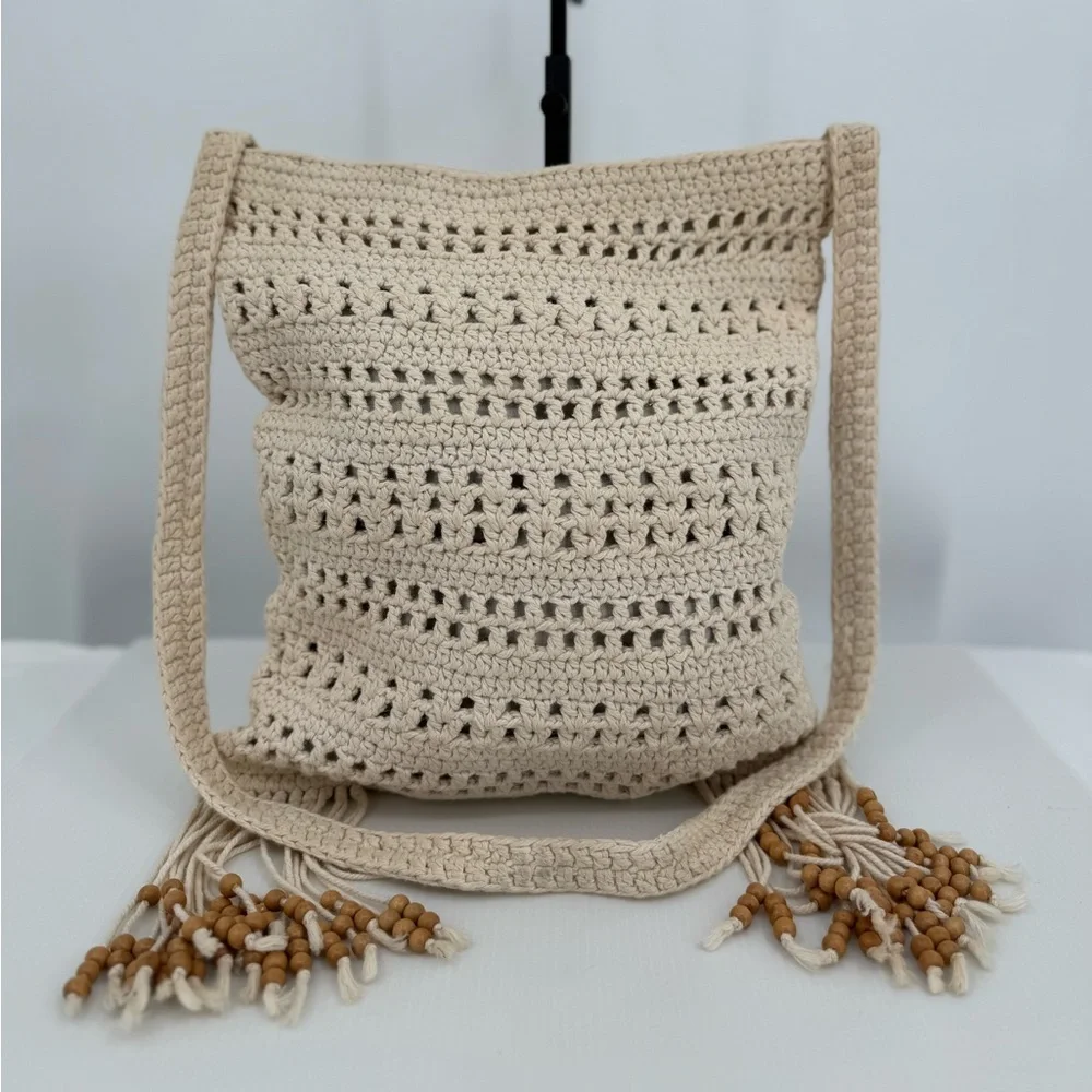 Unbranded Crocheted Crossbody with‎ Fringe and Wood Beads, Cream